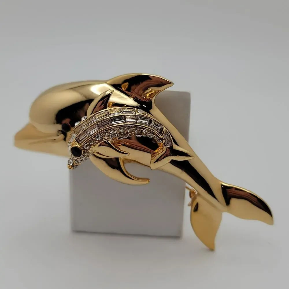 Vintage Gold-tone Dual Leaping Dolphins Trembler Baguette Round Rhinestones